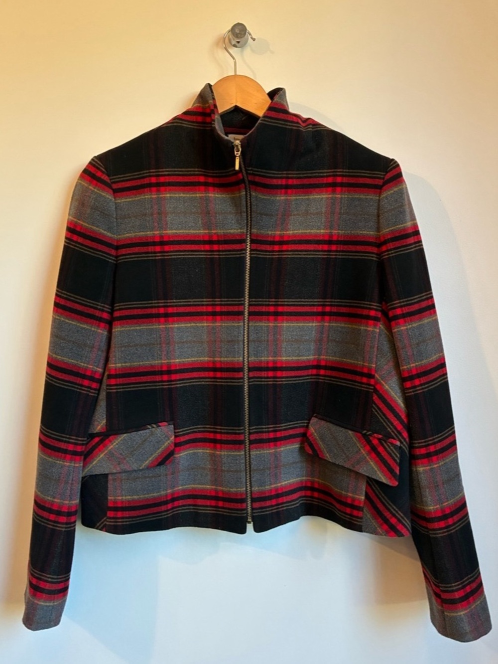 Tristan Plaid Funnel Neck Zip Up Blazer Structured Jacket Size L